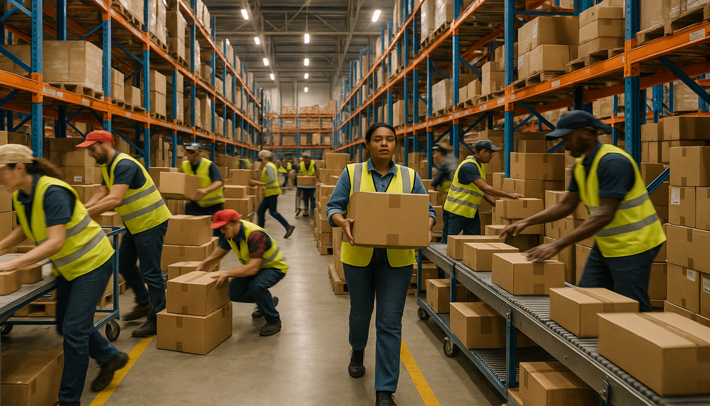 Workers in safety vests handling packages in modern 3PL warehouse facility
