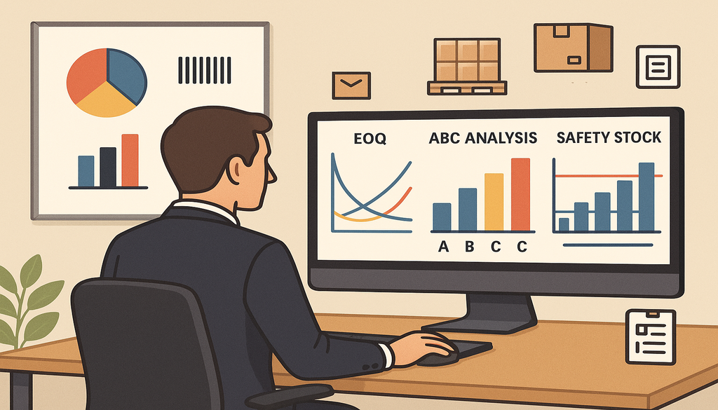 Business analyst reviewing inventory control models including EOQ, ABC analysis, and safety stock on computer screen