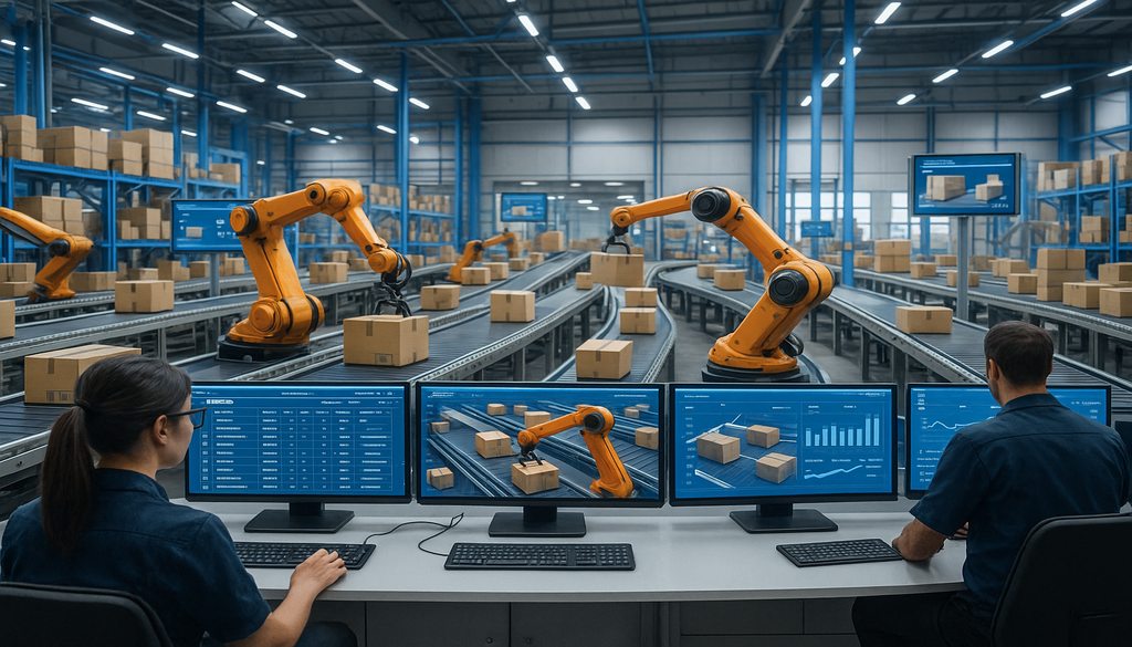 Workers monitoring automated WMS warehouse operations with robotic arms sorting packages on conveyor belts