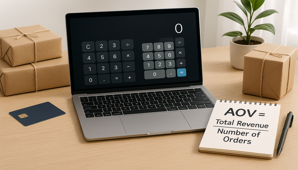 Laptop displaying calculator with AOV formula notebook and shipping packages on desk