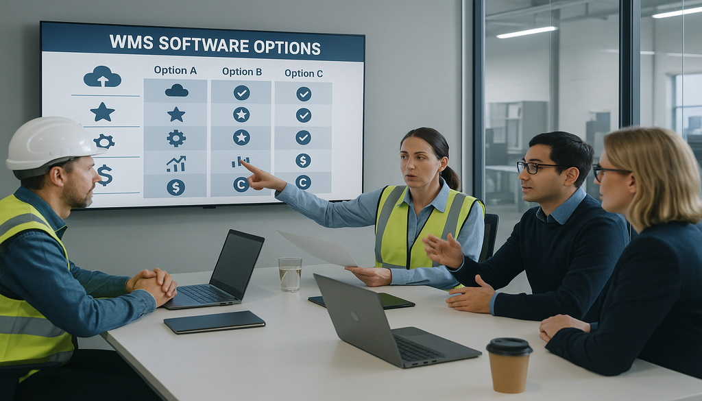 Business team in meeting discussing WMS warehouse management software options on presentation screen