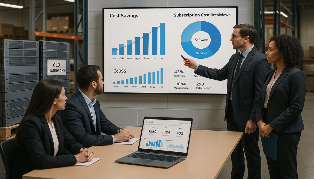 Business professionals presenting cloud-based WMS cost savings data and analytics charts in warehouse meeting