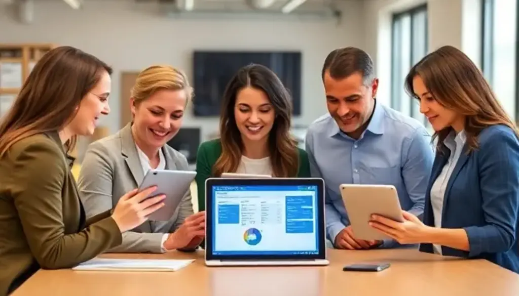 Business team collaborating with mobile devices and laptop displaying warehouse management system dashboard