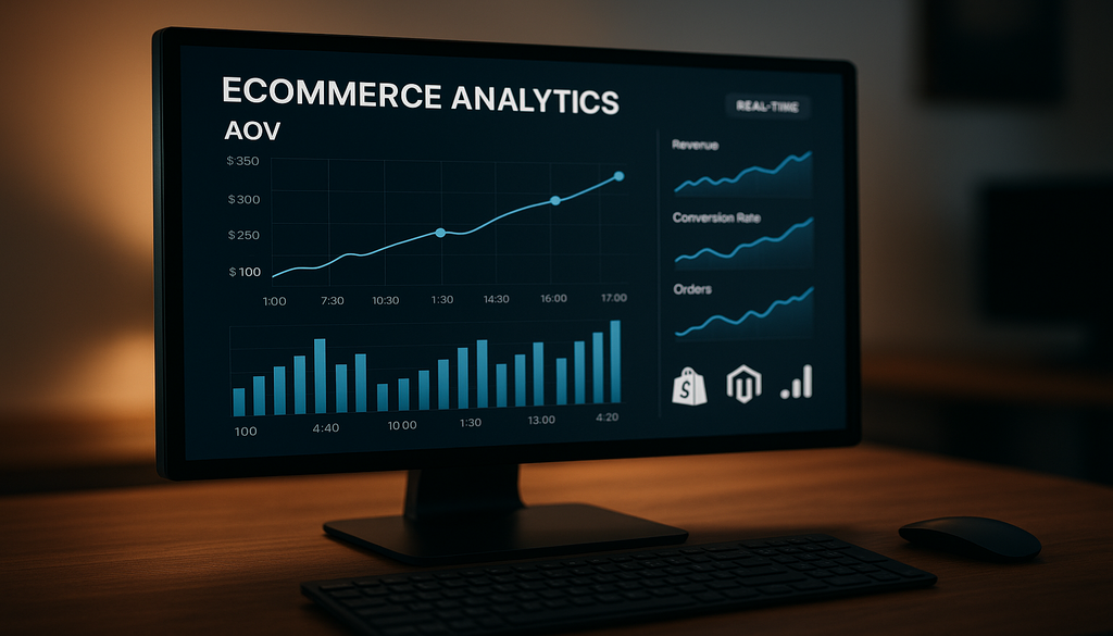 Computer monitor displaying ecommerce analytics dashboard with AOV revenue conversion rate and order metrics