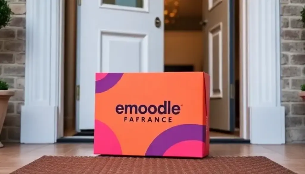 Colorful Emoodle Pafrance branded delivery box sitting on doormat at front door