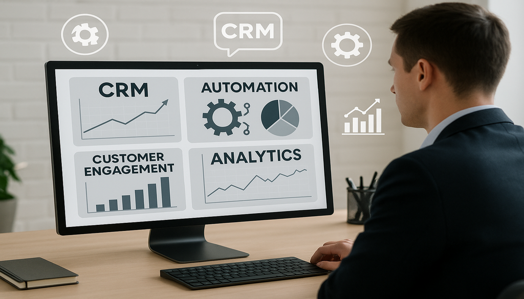 Business professional analyzing CRM dashboard with customer engagement and sales analytics on computer screen