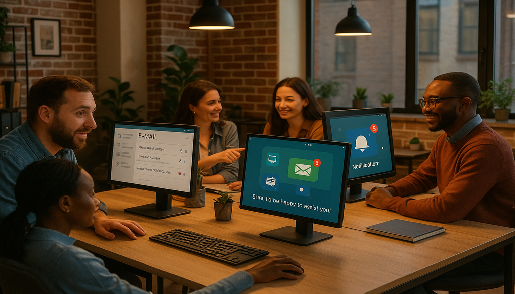 Team collaborating on e-commerce email marketing and customer communication strategies at modern office