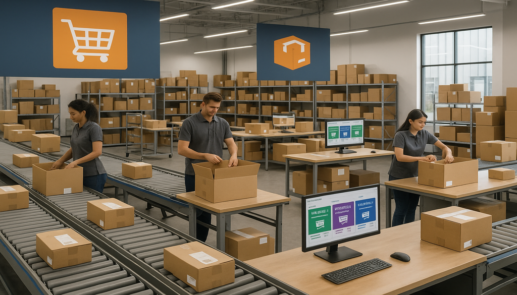 Workers managing holiday inventory in modern warehouse with conveyor belts and shipping boxes
