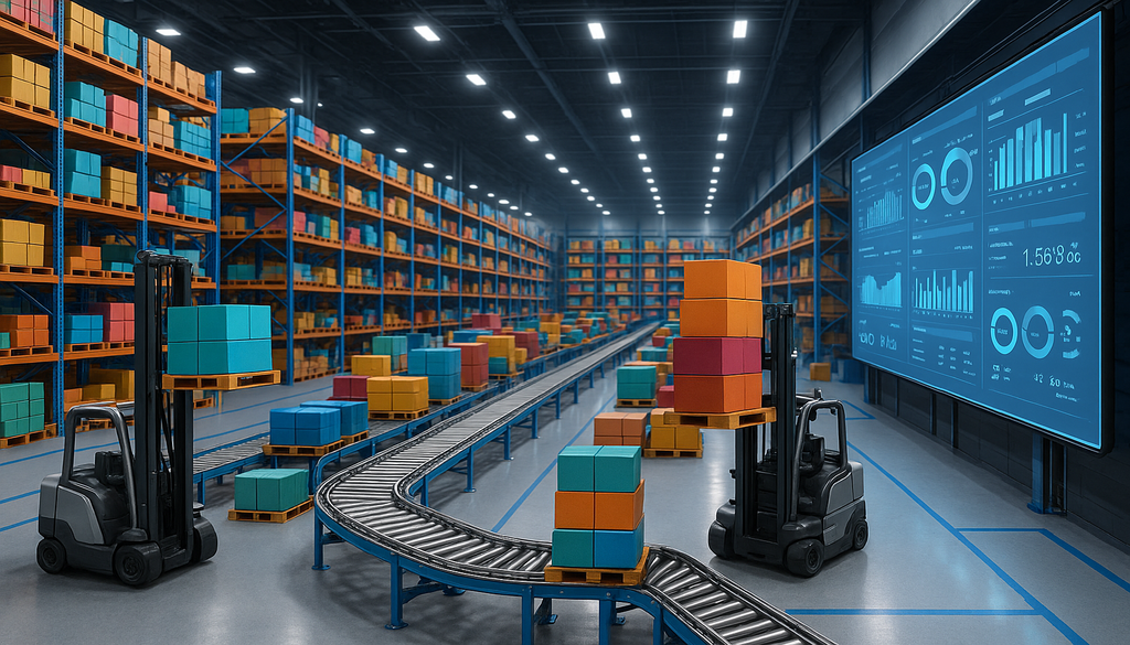 Modern ecommerce warehouse with automated conveyor system, forklifts, and SKU analytics dashboard display
