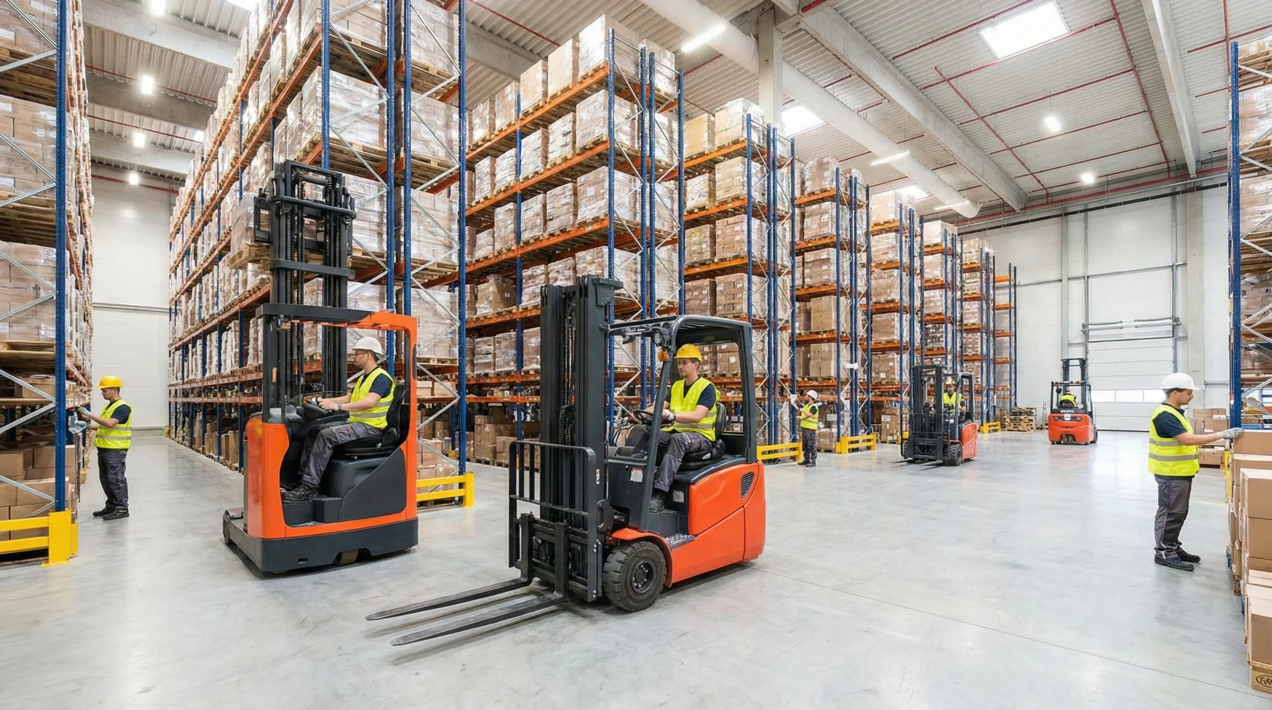 a warehouse with forklifts, workers, shelving
