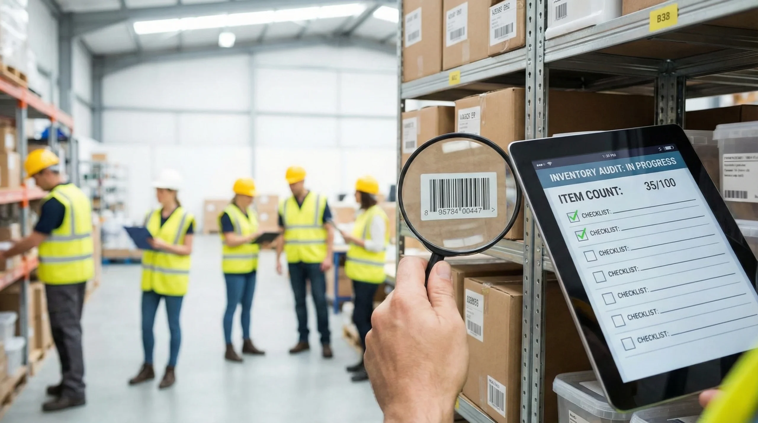Magnifying glass examining warehouse shelves representing inventory audit and inspection process