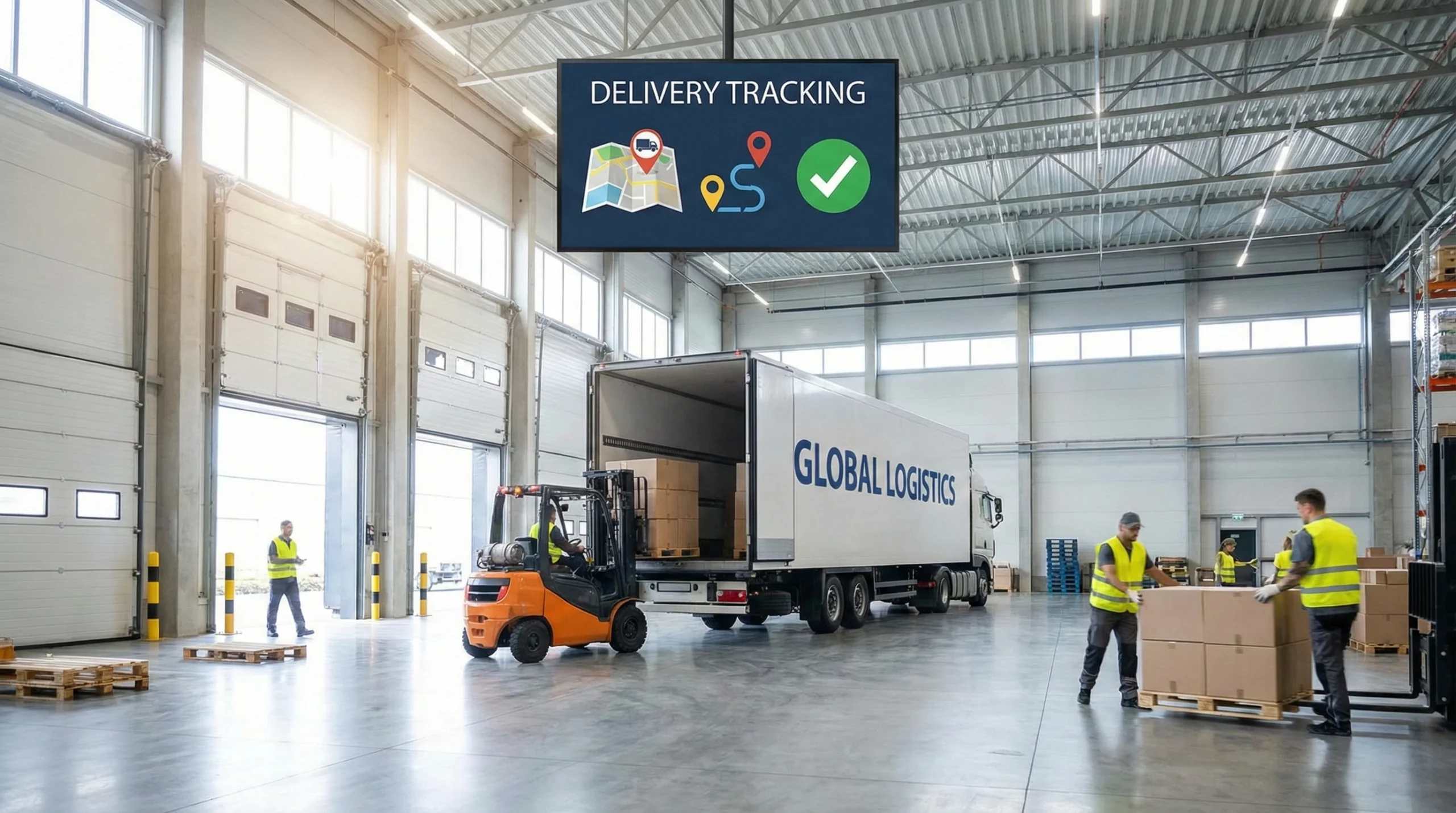 Illustration of warehouse shipping process with truck loading, forklift, and delivery tracking icons