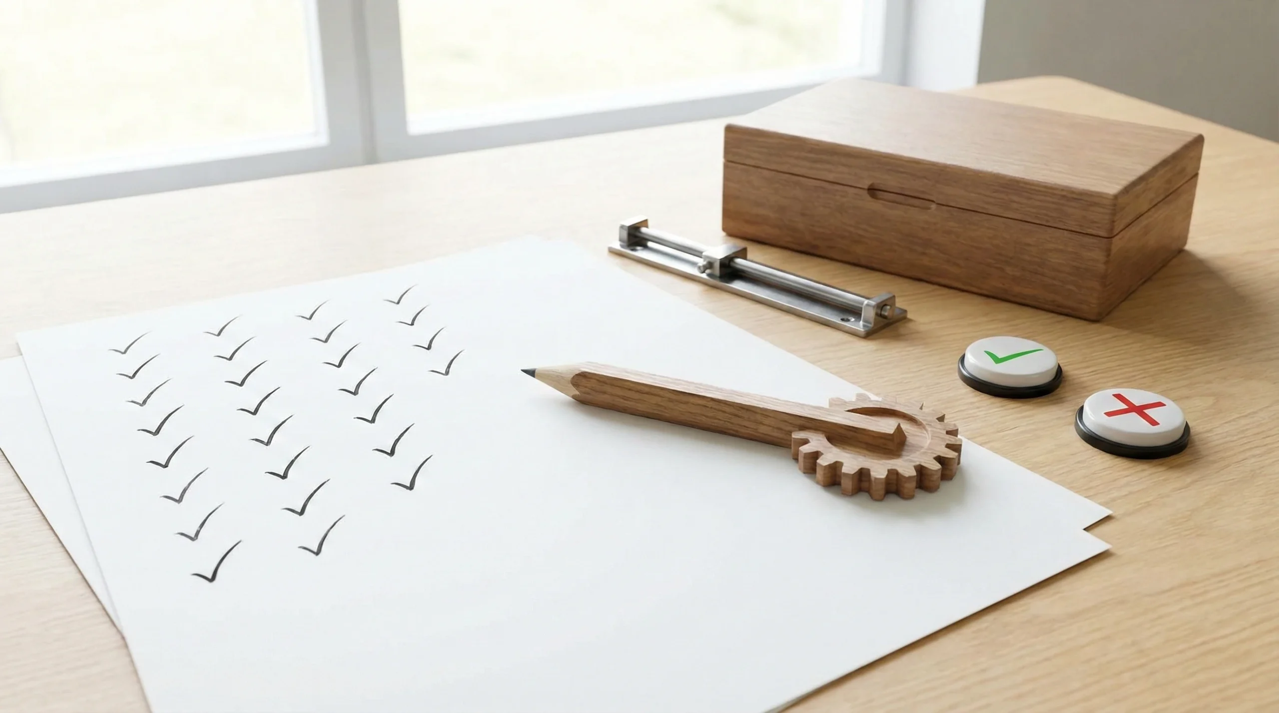 a piece of paper with checkmarks, a pencil cog, sliding bar, a box, circles with a checkmark and X button