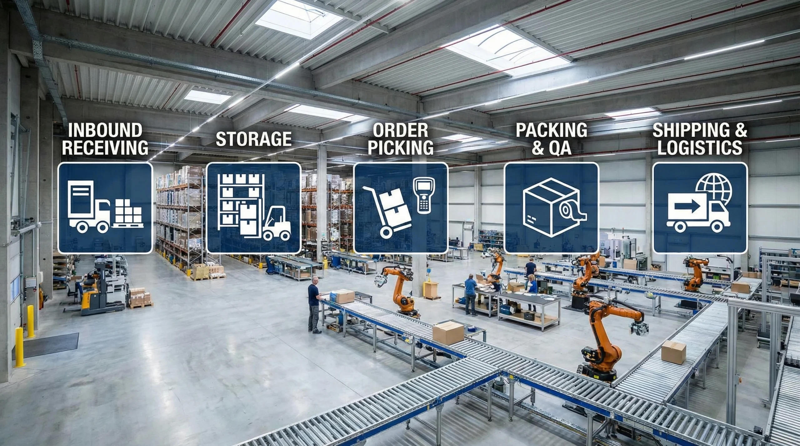 birds eye view of a warehouse with icons representing different stages in the process