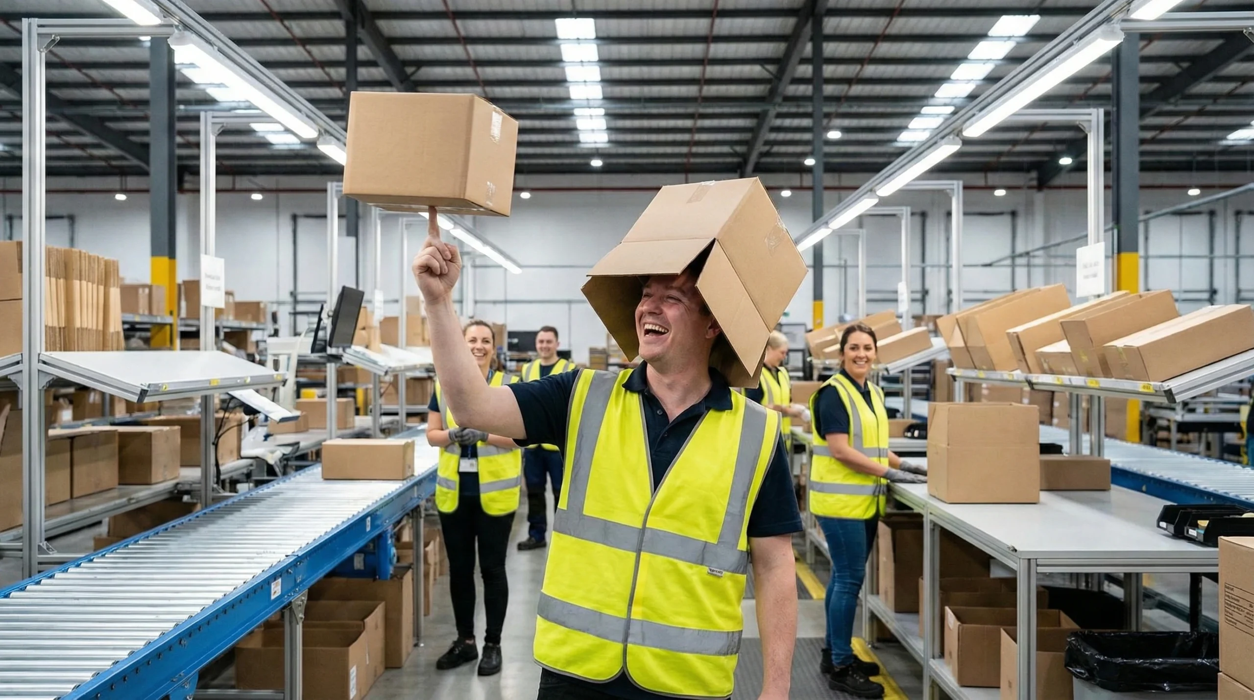 worker being silly in warehouse pick and pack area
