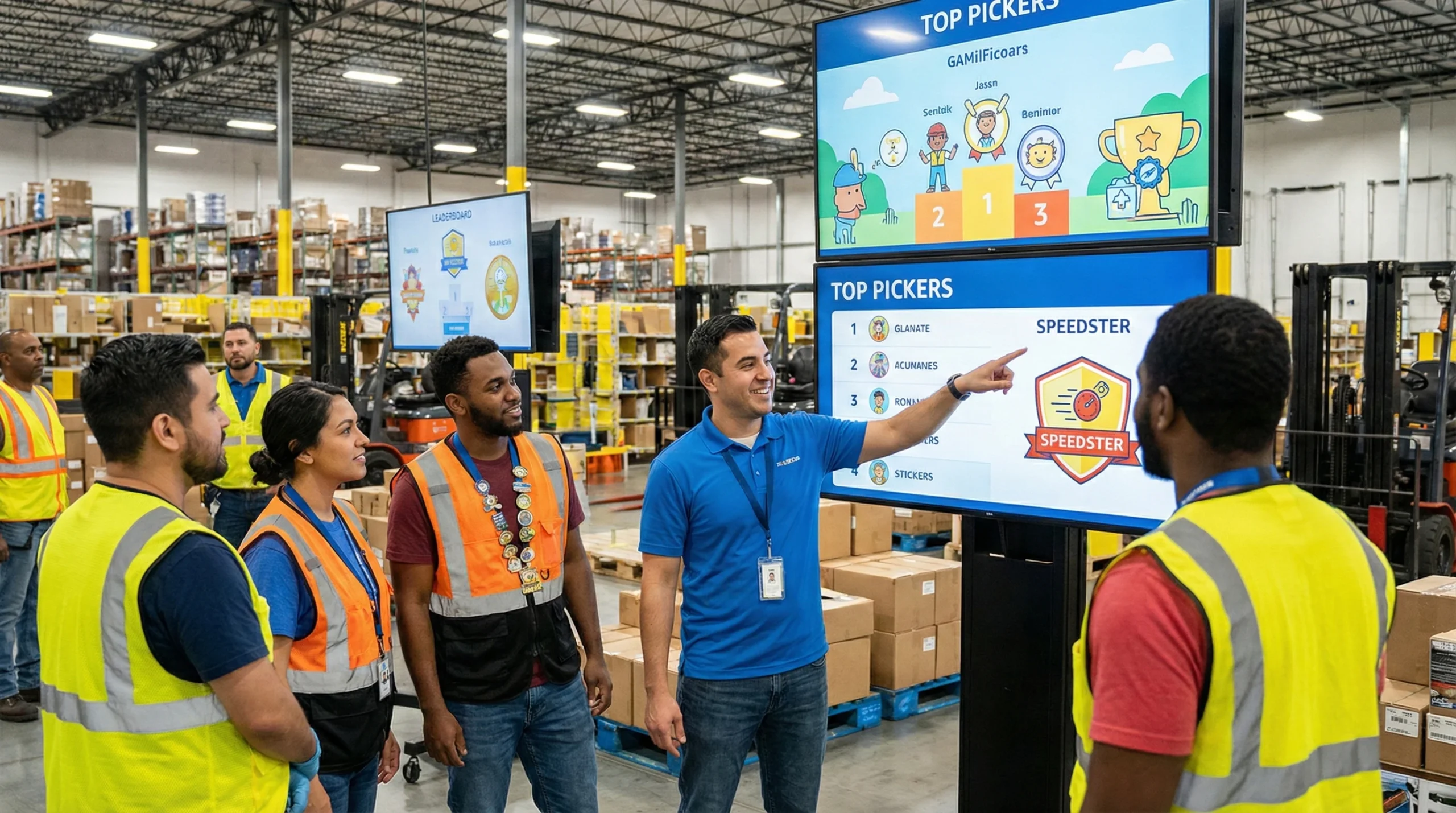 Colorful illustration of warehouse workers engaging with gamification leaderboards and achievement badges
