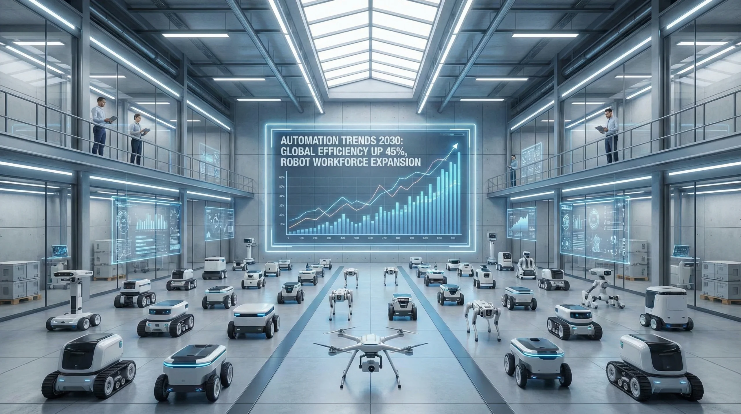 Futuristic warehouse with autonomous robots and holographic display showing automation trends