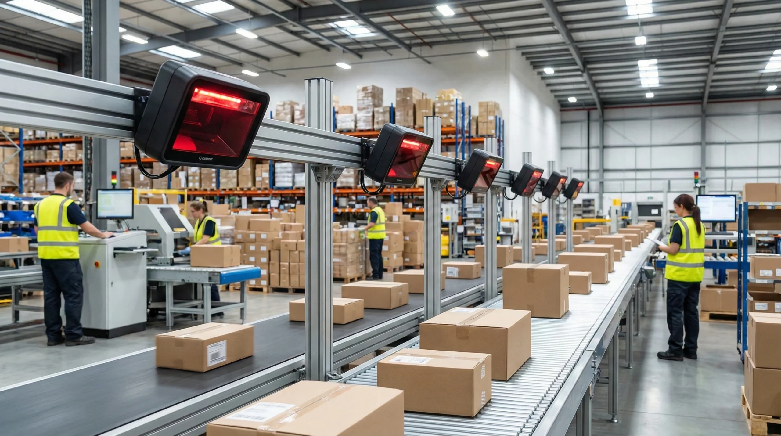 barcode scanners on conveyor belt in warehouse operation