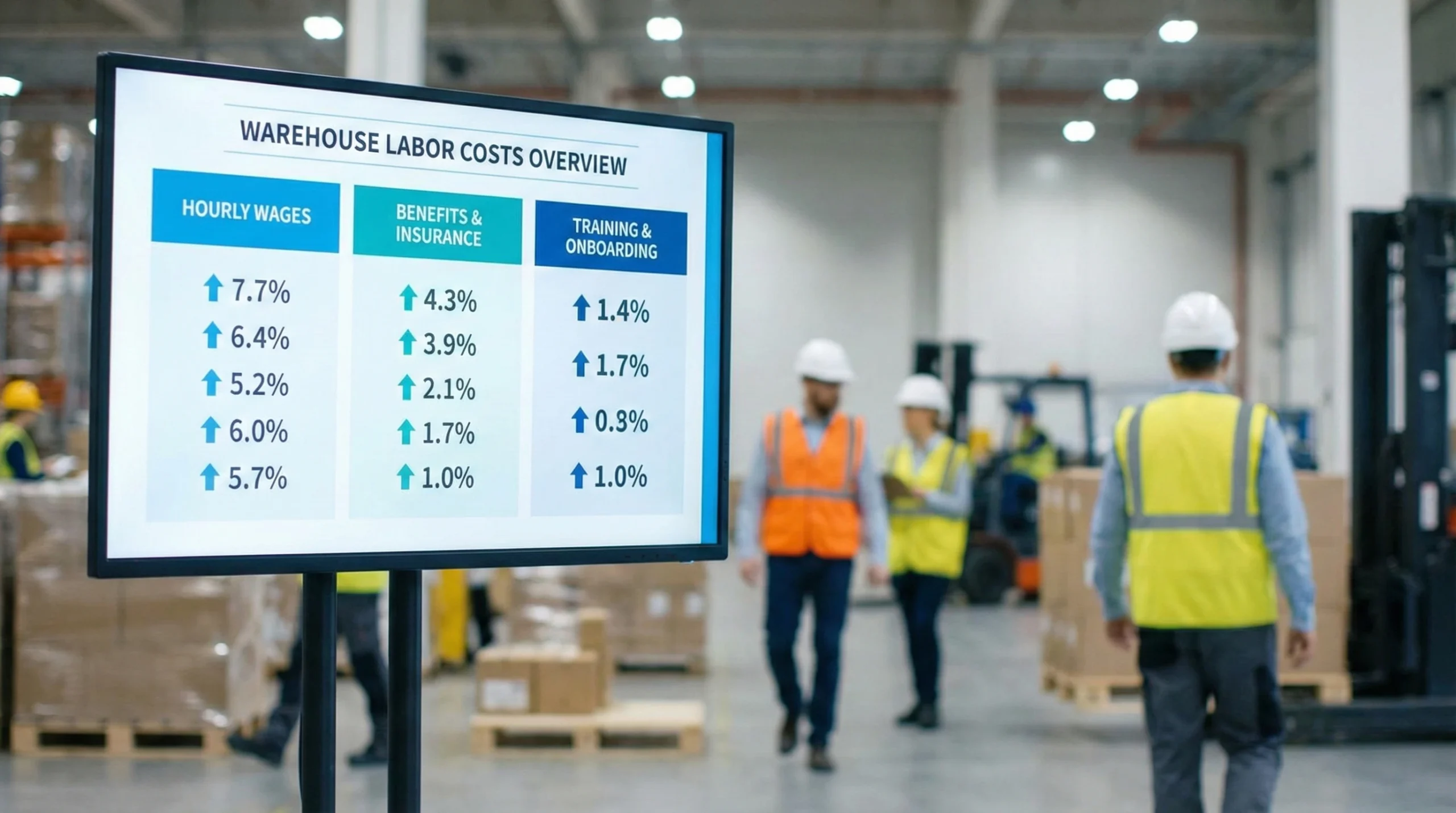 Digital display showing warehouse labor cost percentages in modern distribution facility