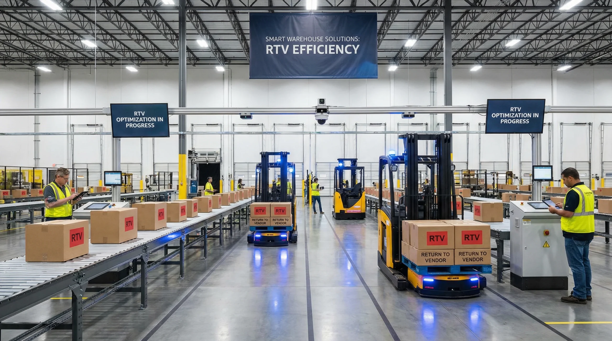 Automated conveyor belts and robotic forklifts in a modern warehouse optimizing RTV.