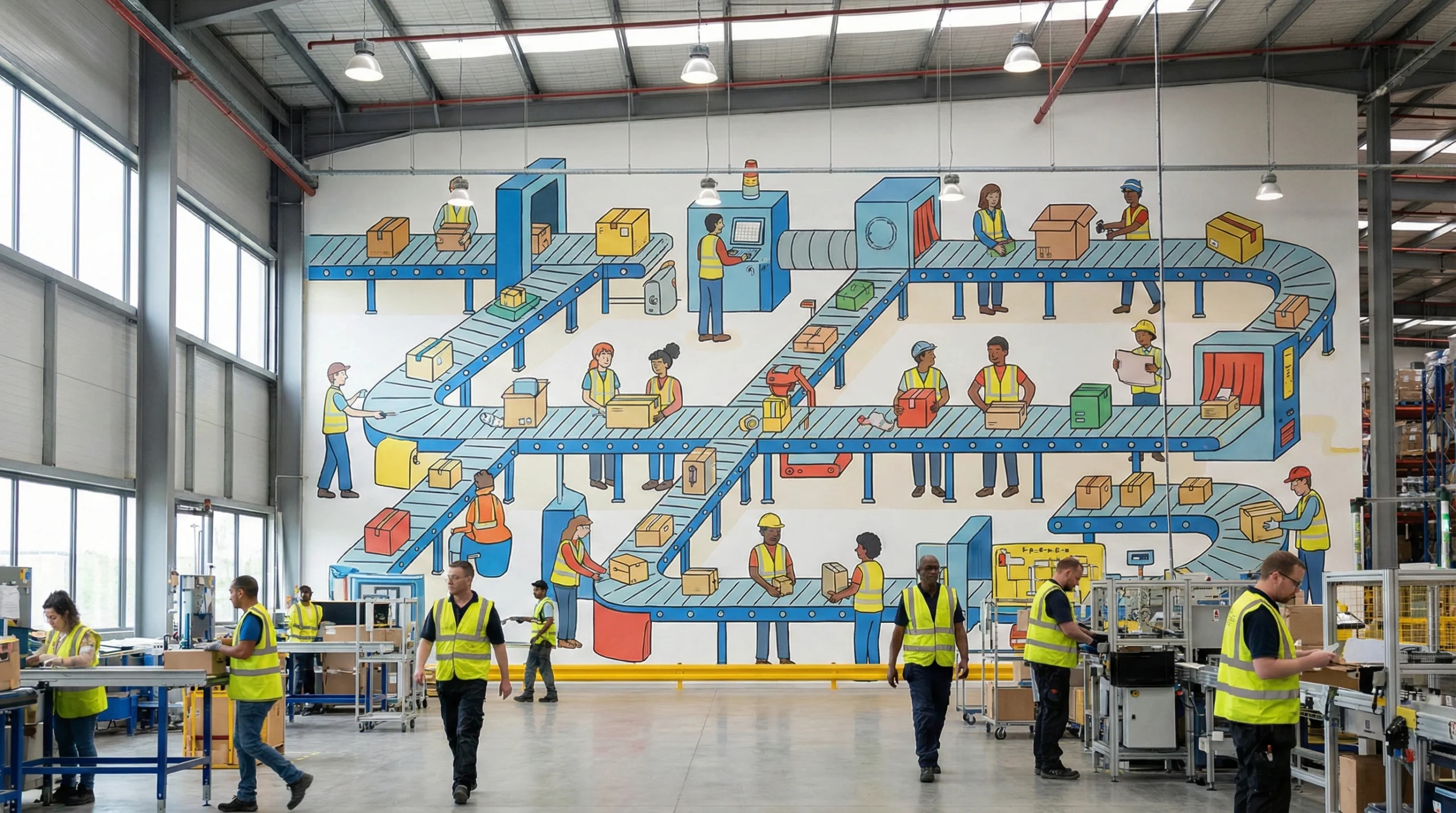 colorful illustration of warehouse conveyor systems and workers