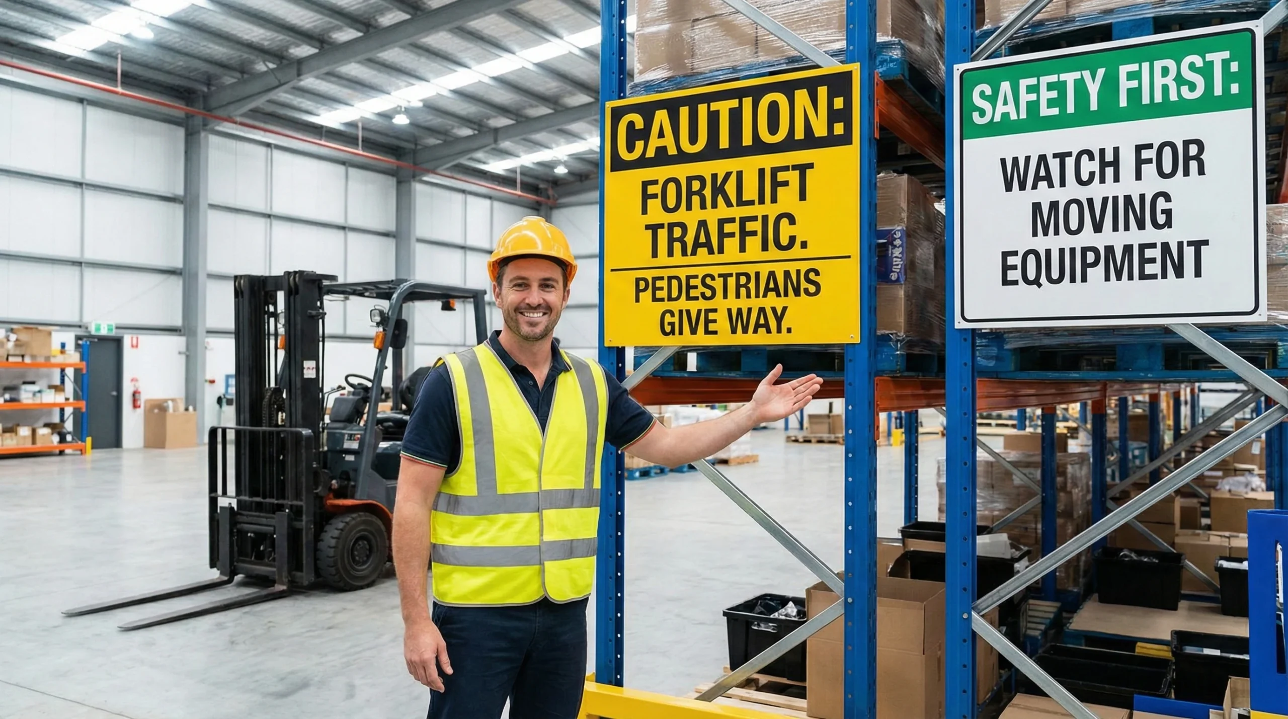 smiling warehouse worker and forklift safety signs