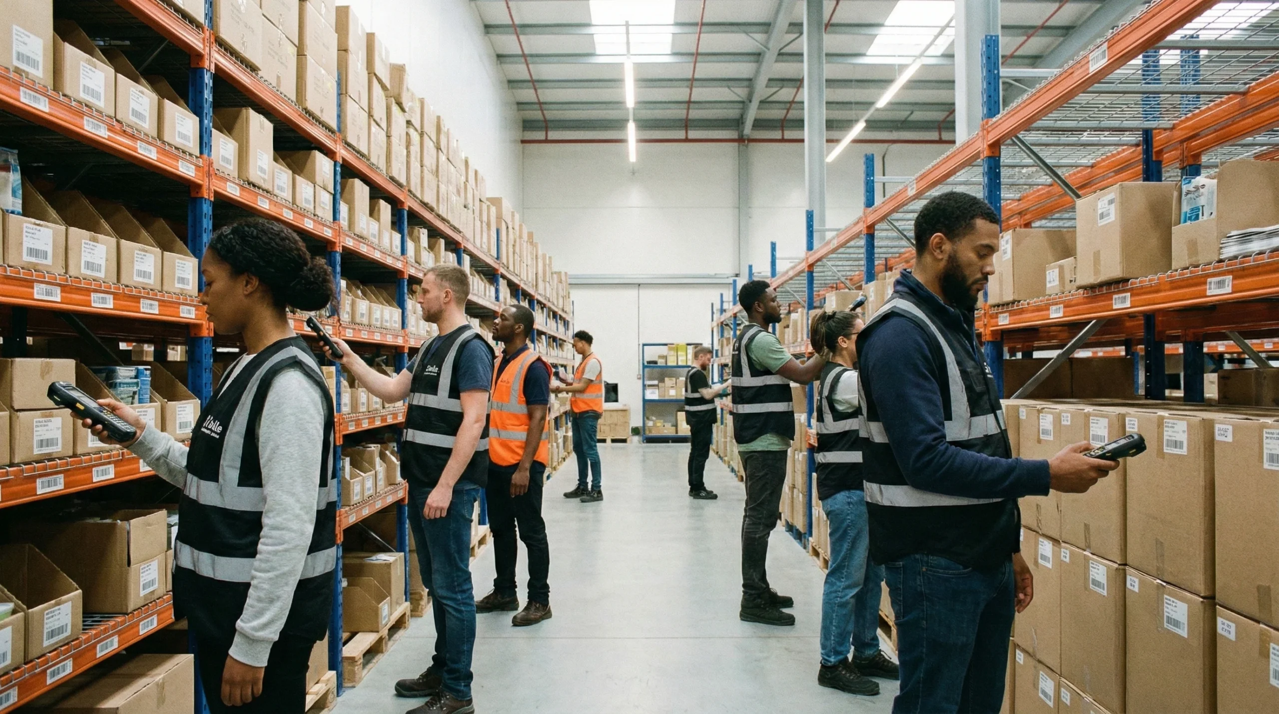 Workers in safety vests using mobile scanners in warehouse with orange shelving systems