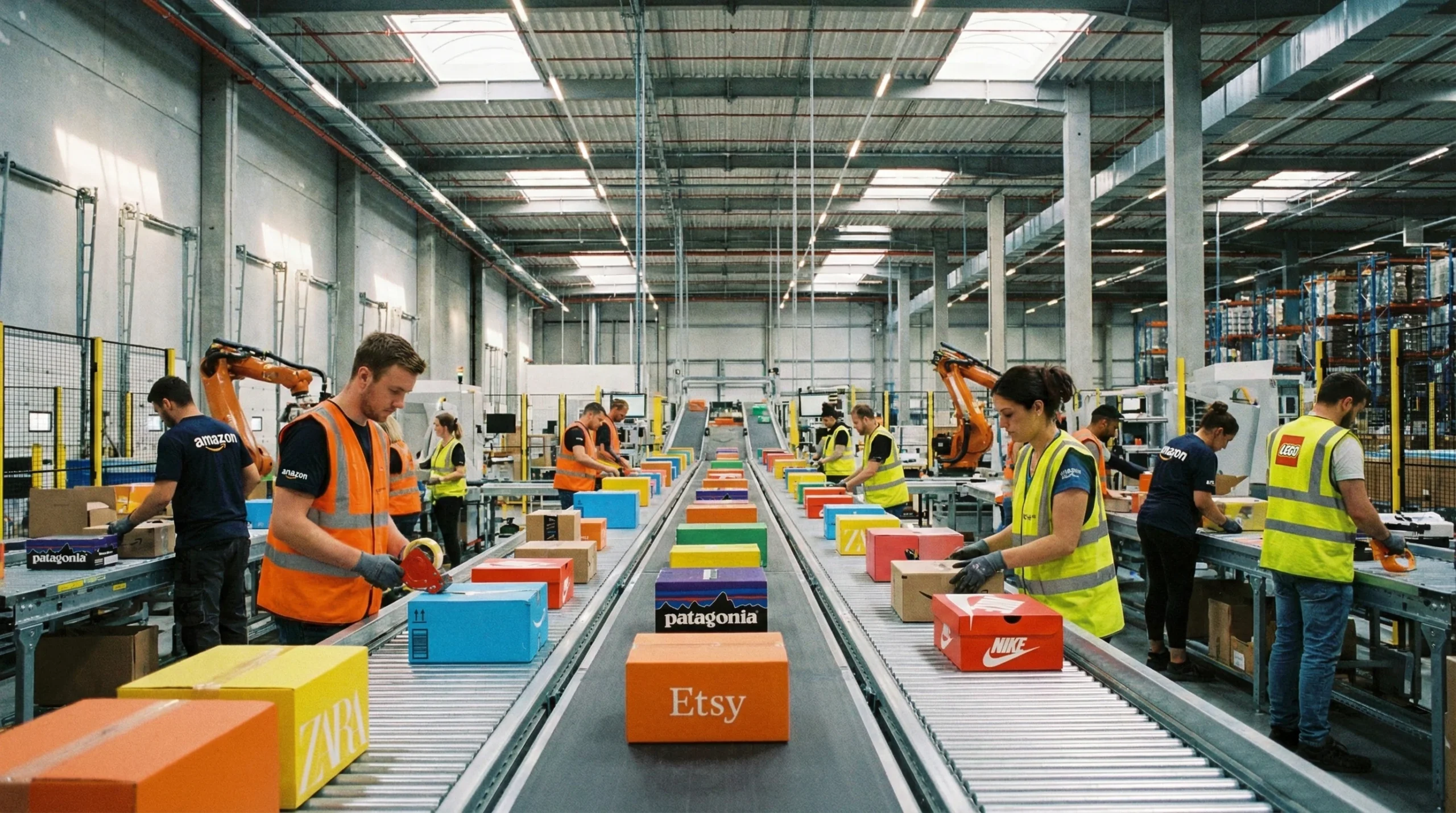 Workers handling colorful, branded packaging on an e-commerce assembly line in a modern warehouse.