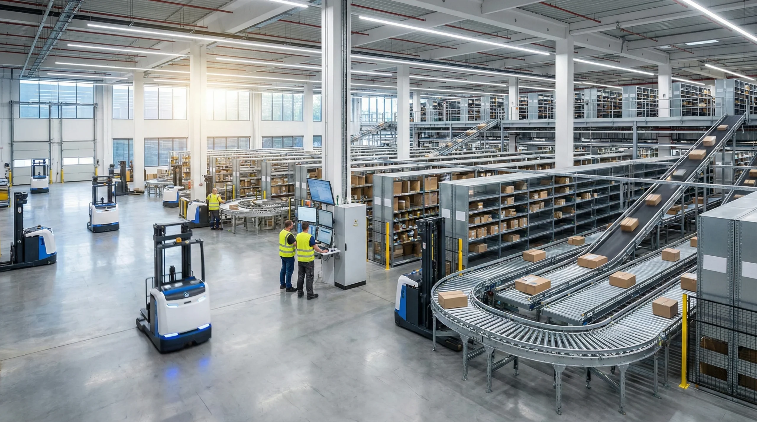 High-tech ecommerce warehouse with robotic forklifts and automated conveyors under bright lights.