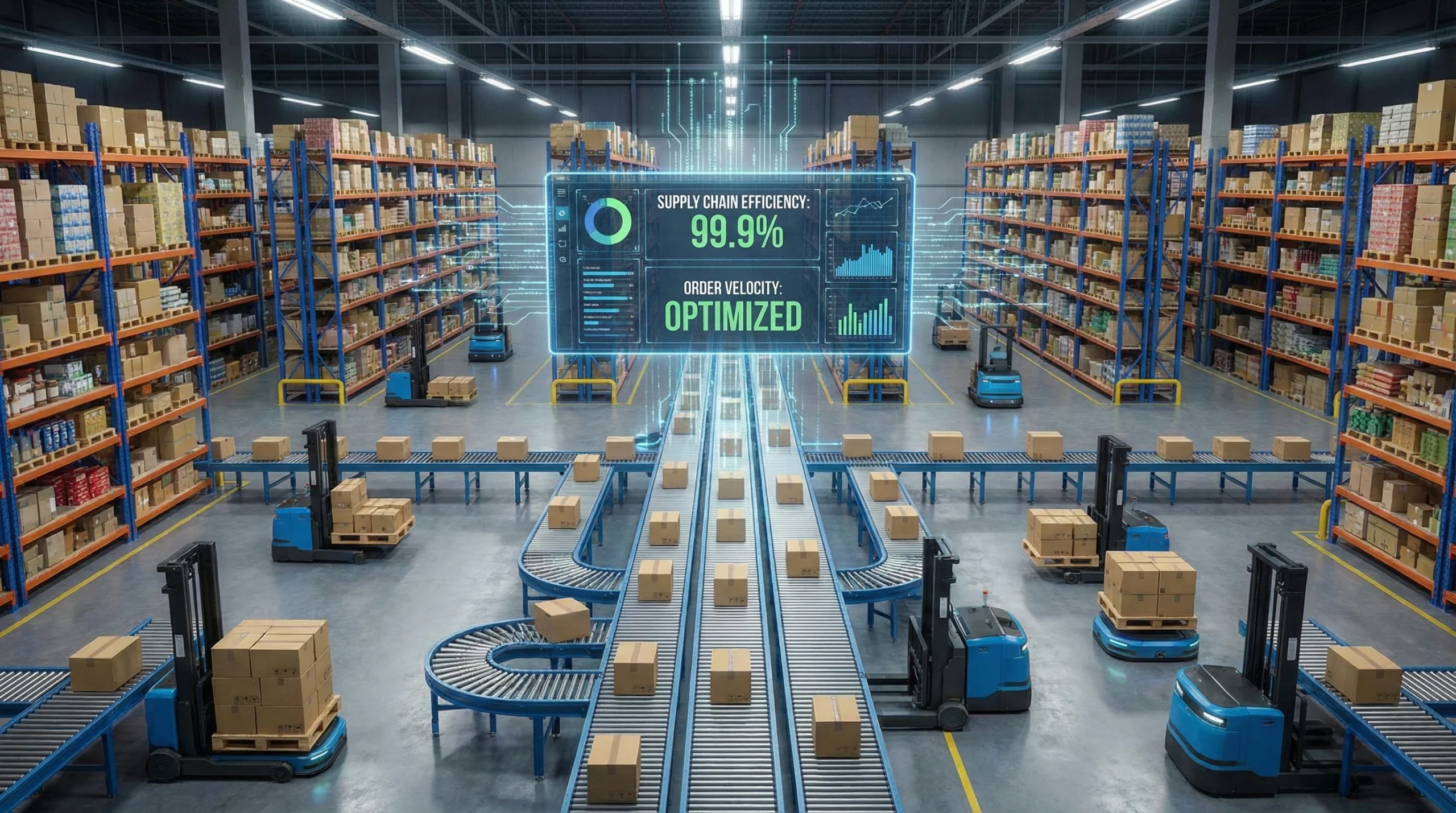 Automated warehouse showing supply chain efficiency metrics and optimized order processing systems