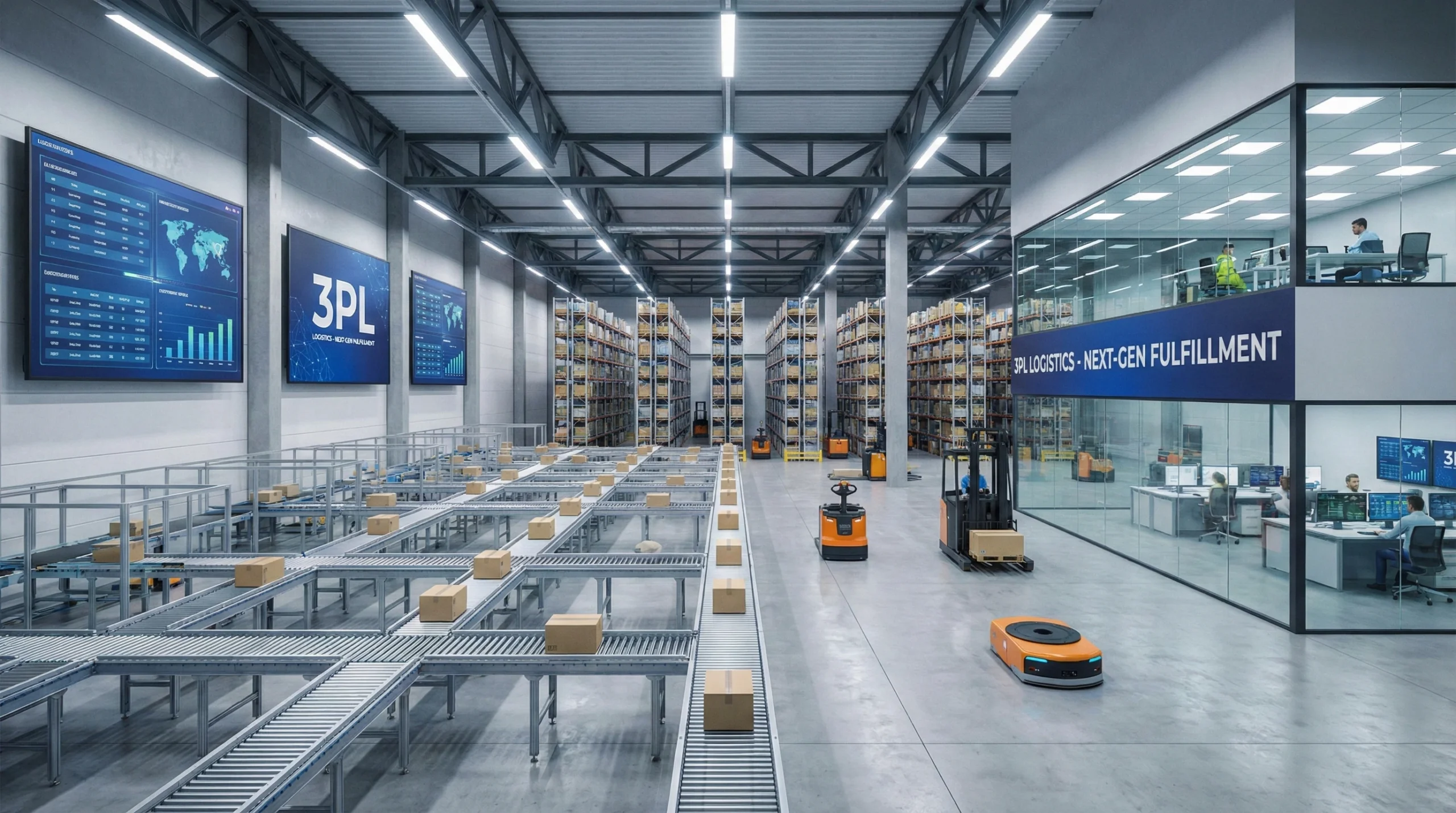 Modern 3PL software-enabled warehouse with robotic forklifts and automated conveyors under bright lights.