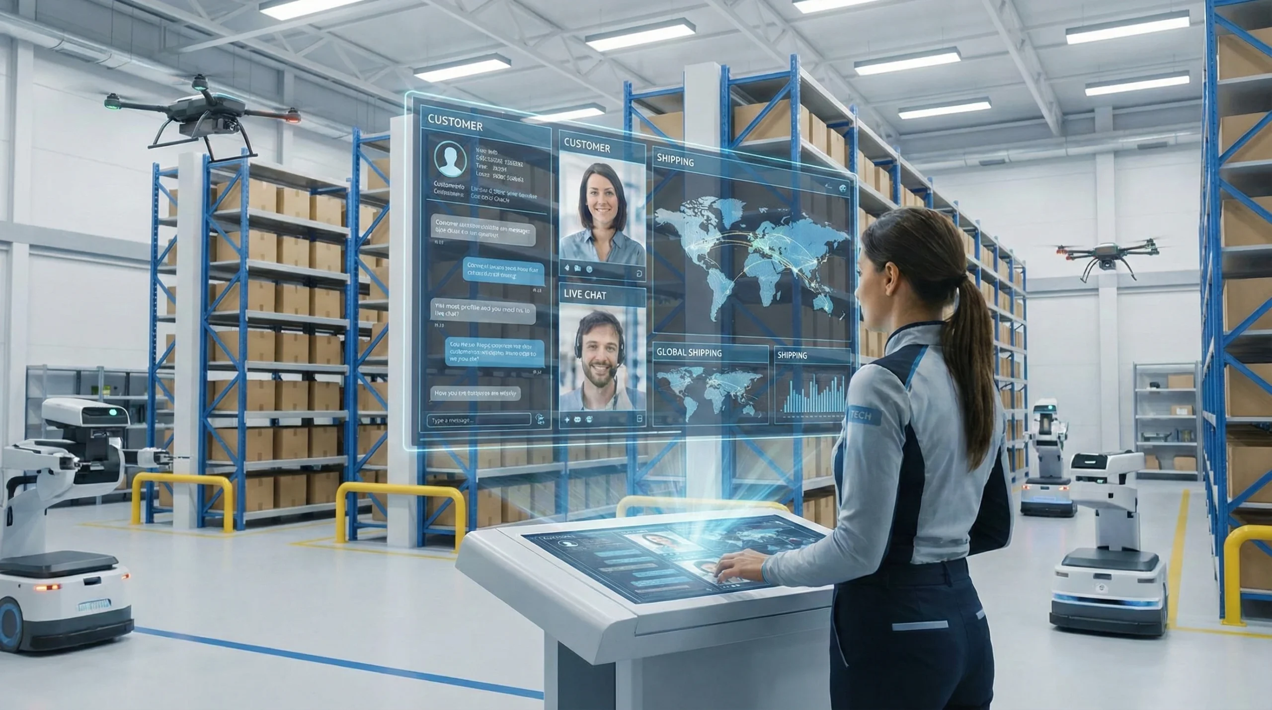 E-commerce communication depicted through a customer service rep using a holographic interface in a modern warehouse.