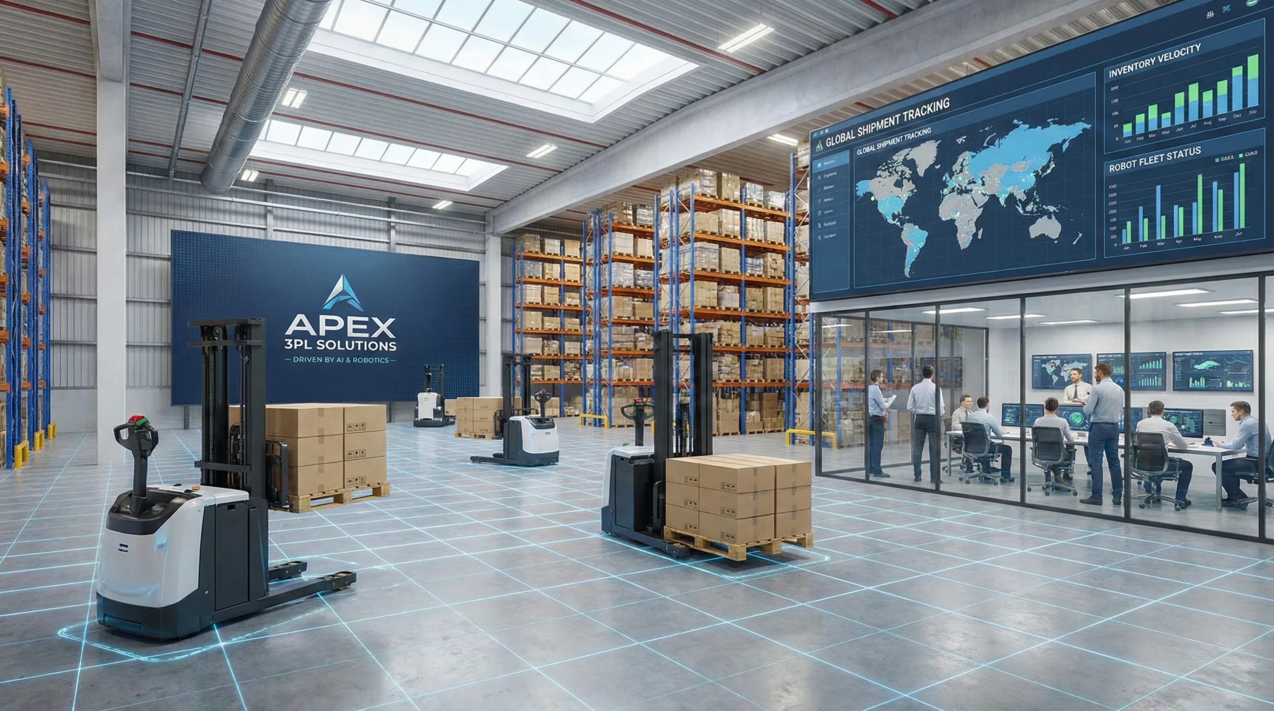 3PL software-driven warehouse with robotic forklifts and real-time supply chain analytics.