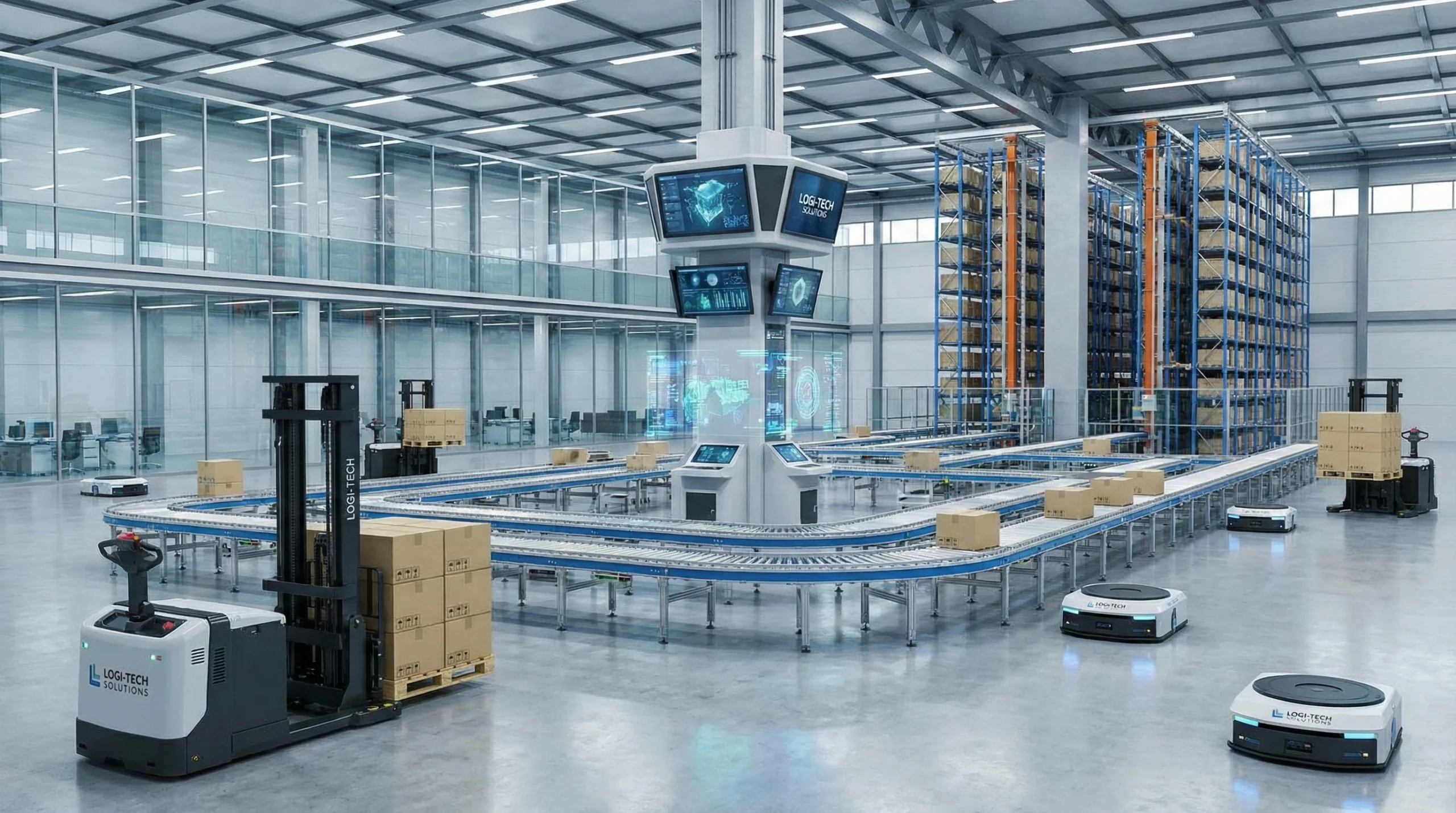 Automated inventory control systems and robotic forklifts in a modern warehouse.