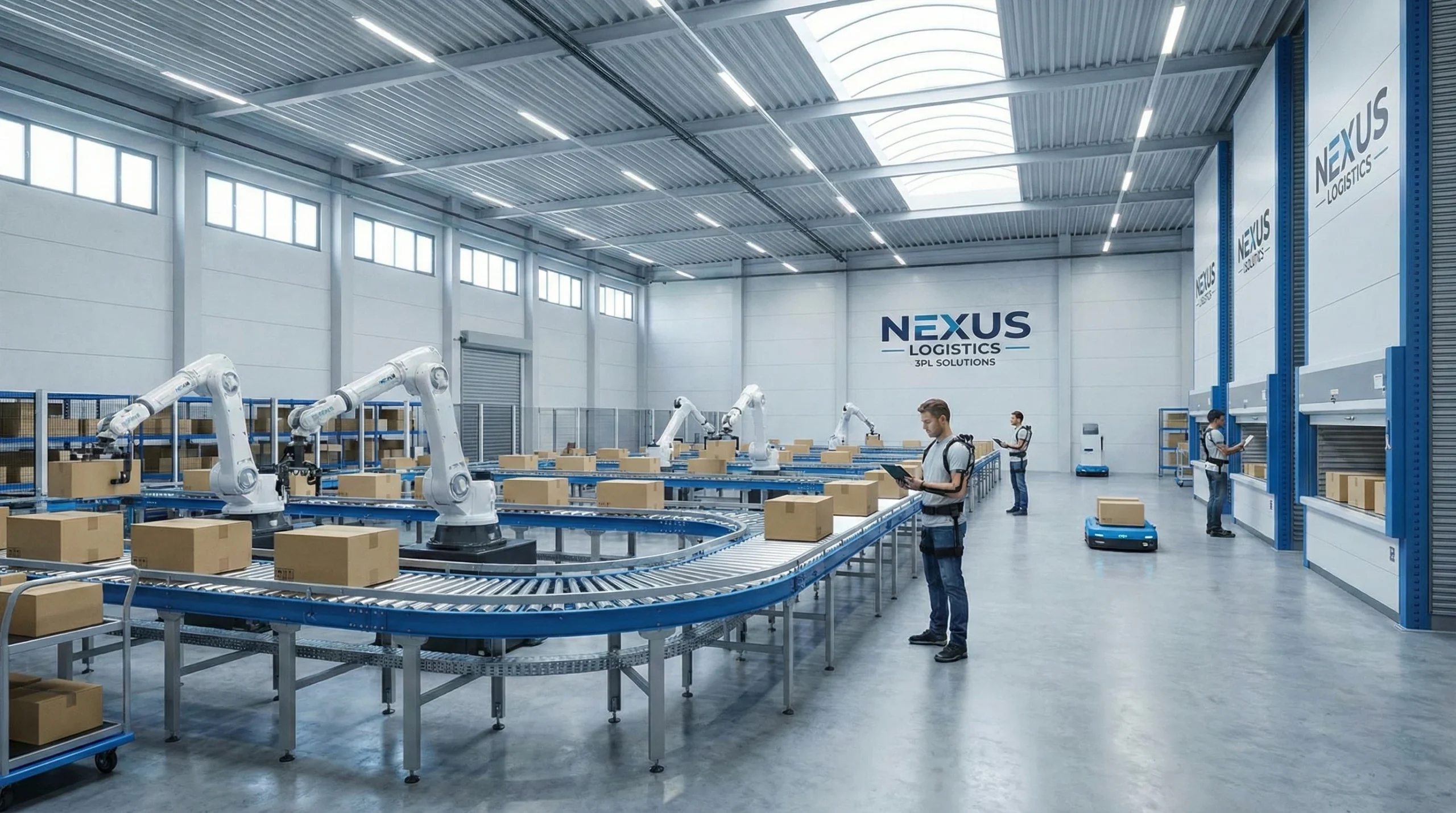 High-tech 3PL warehouse with robotic arms, conveyor belts, and workers managing inventory.