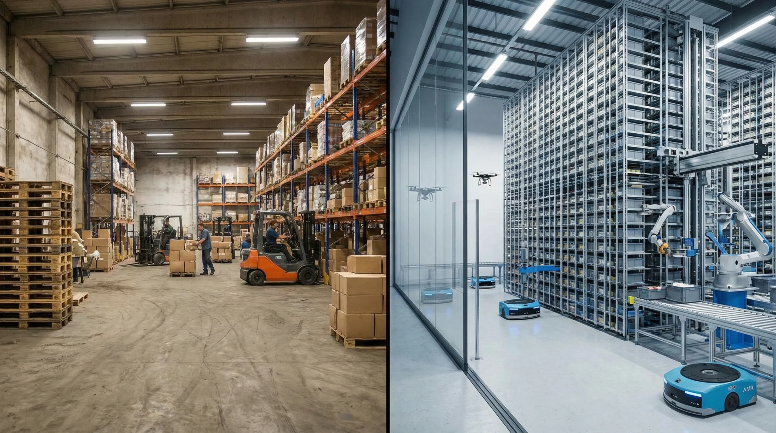 Contrasting traditional warehouse and modern micro-fulfillment center with advanced robotics and vertical storage.
