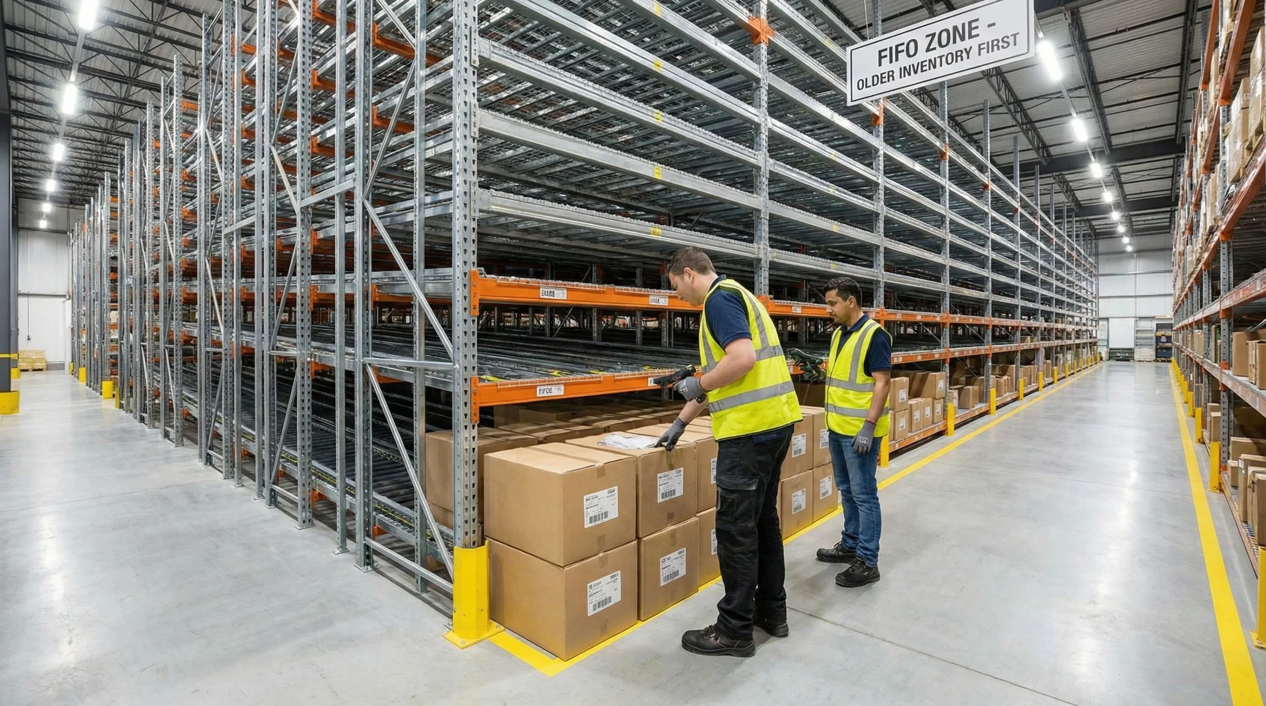 Workers scanning older inventory at the front of flow racks in a FIFO-optimized warehouse.