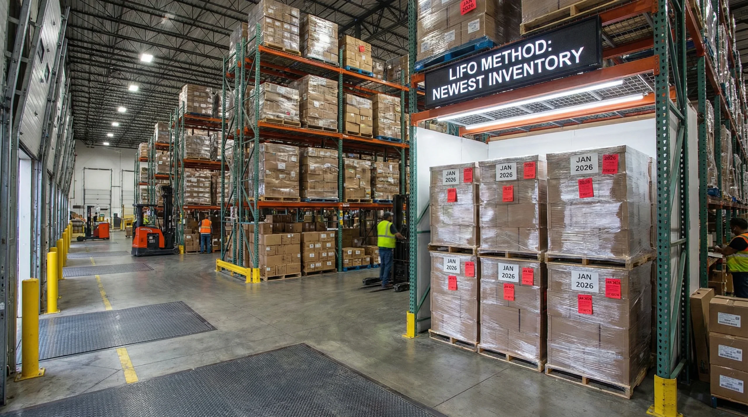 Warehouse shelves highlighting newest inventory for LIFO method.