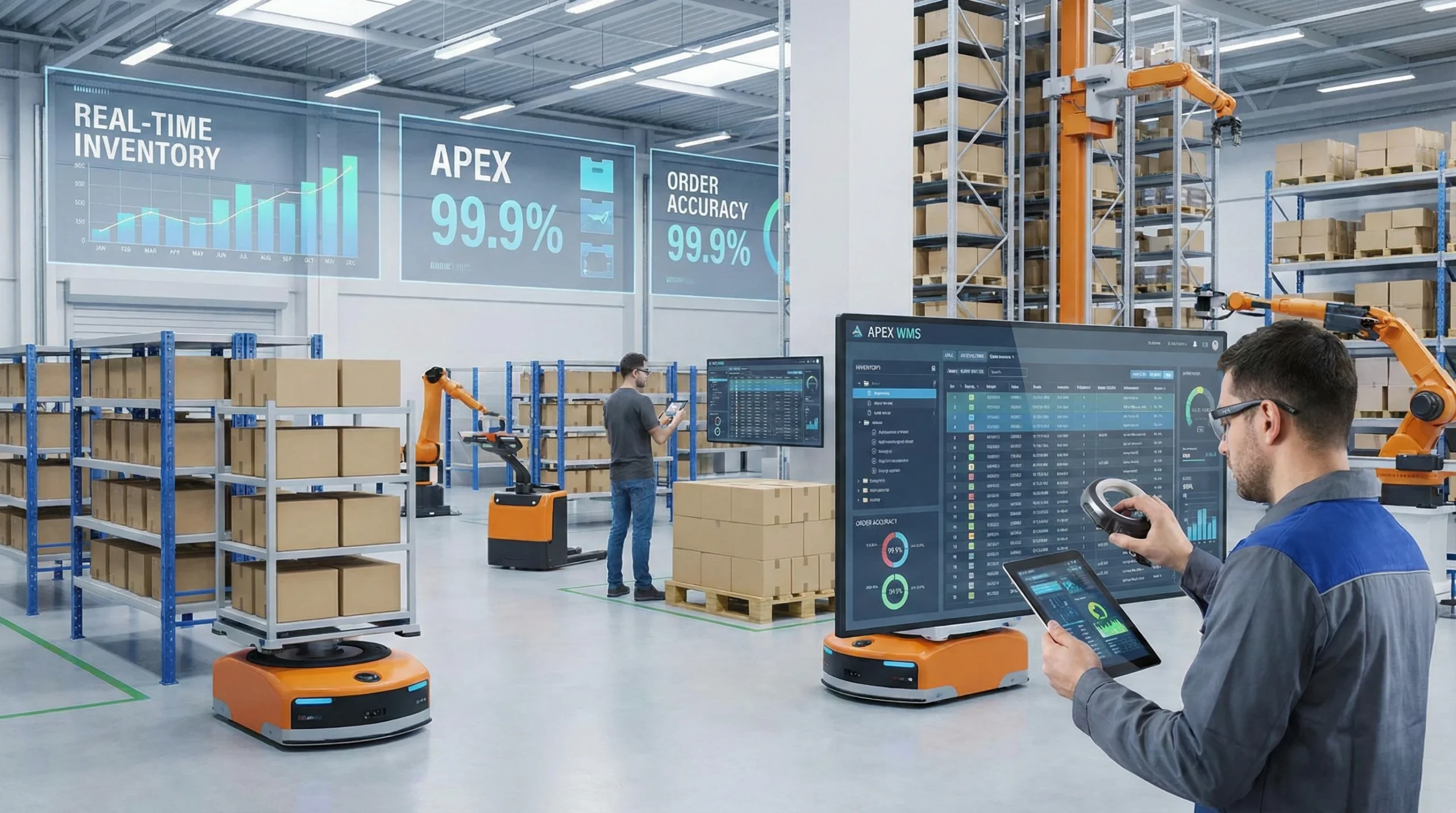 Modern WMS-equipped warehouse with robots and workers using scanners, highlighting efficient inventory management.