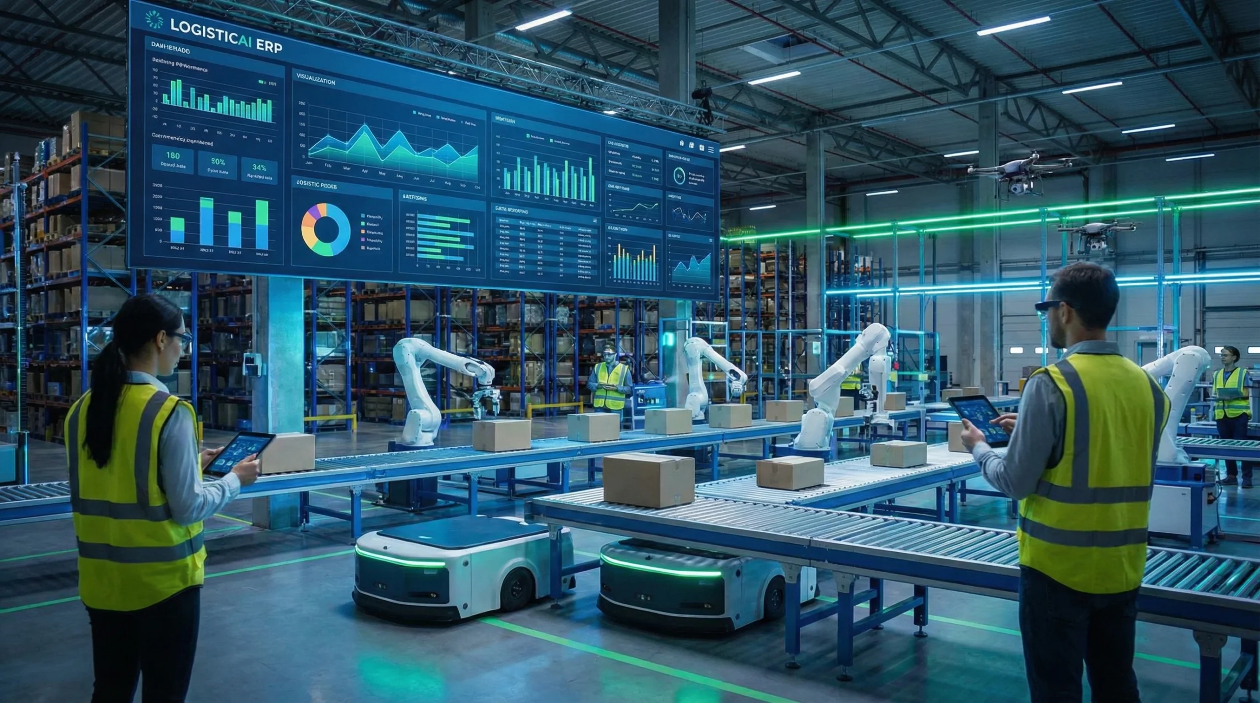 Modern ERP inventory management system in action at an ecommerce fulfillment center with technology and automation.