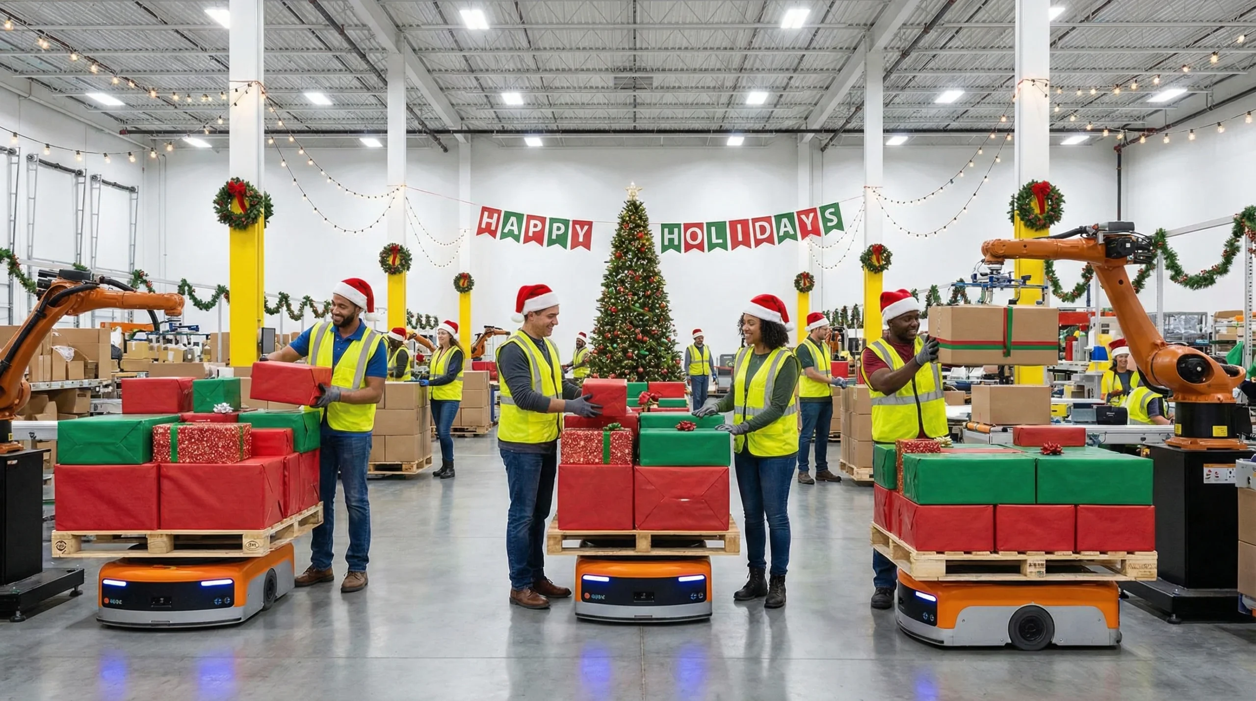 Holiday inventory managed in a busy warehouse with workers and robots amid festive decor.
