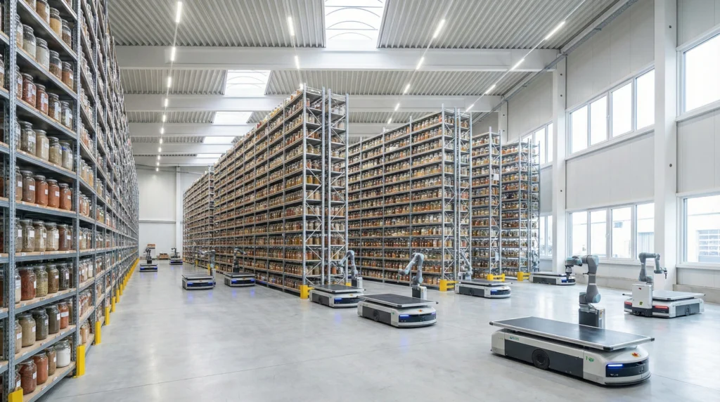 Warehouse with tall shelving, glass jars of inventory, and autonomous mobile robots on floor