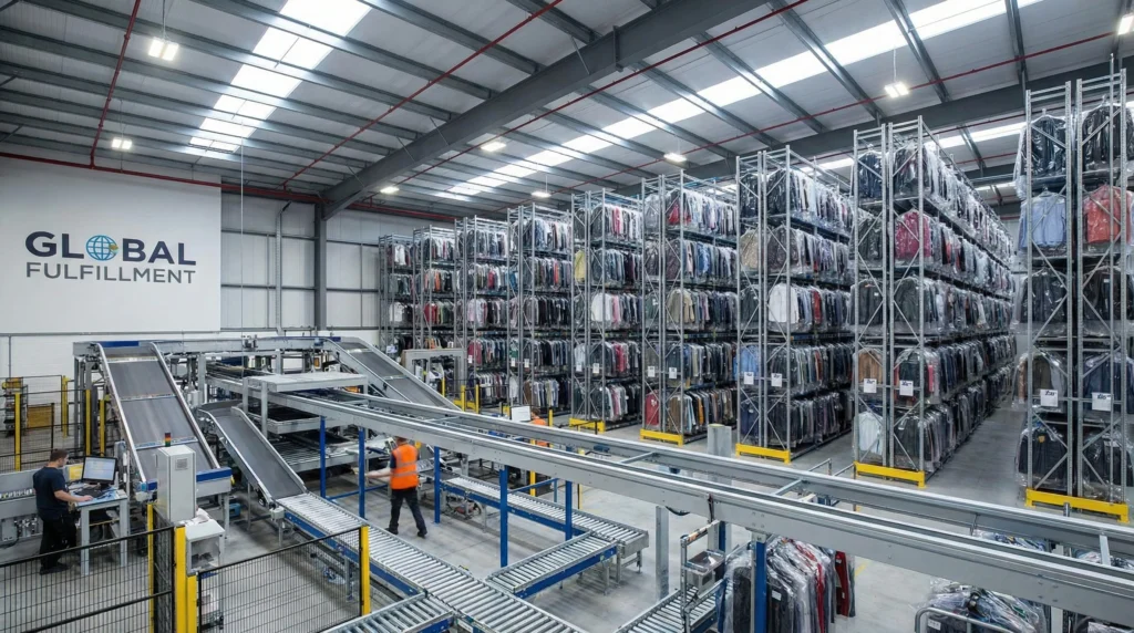 Modern apparel warehouse with automated sorting systems and organized clothing inventory racks.