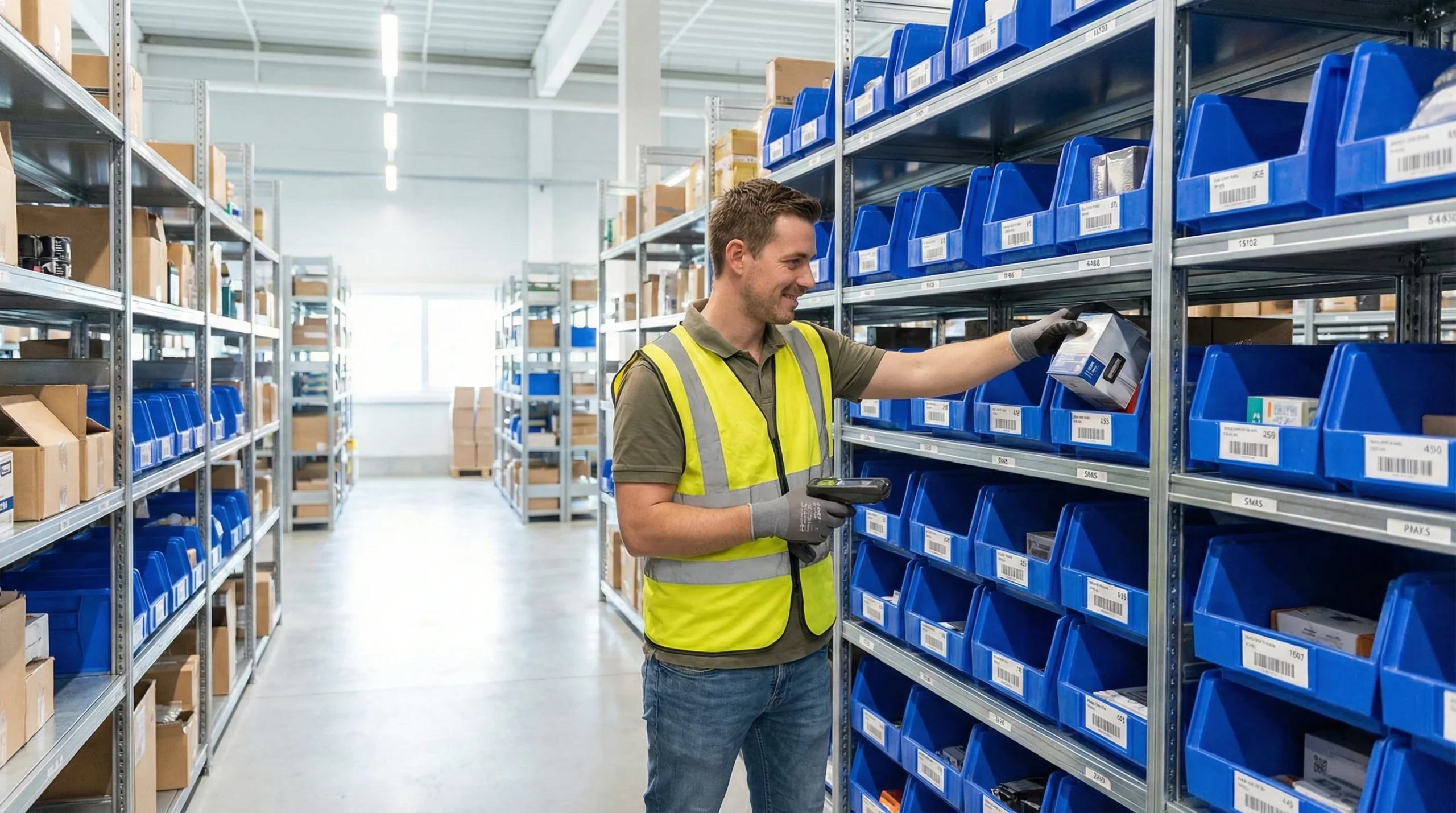 man in warehouse picking an item from a bin on a warehouse shelf
