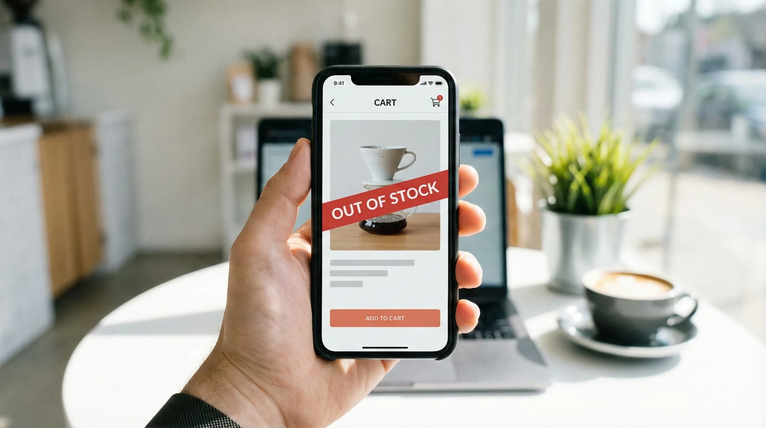 online shopping on a phone with a banner across saying out of stock