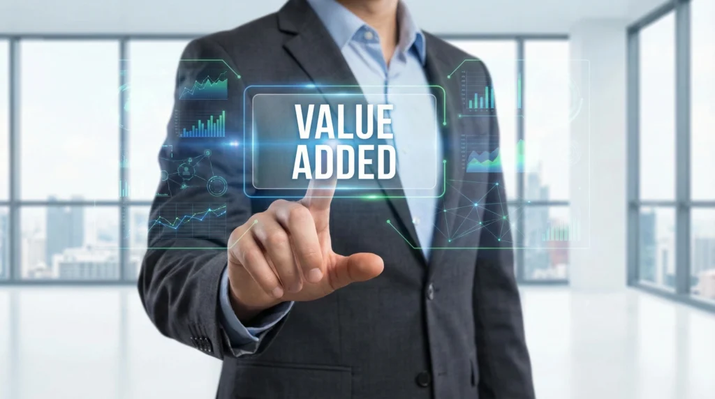 person in suit pushing a value added button on a screen overlay