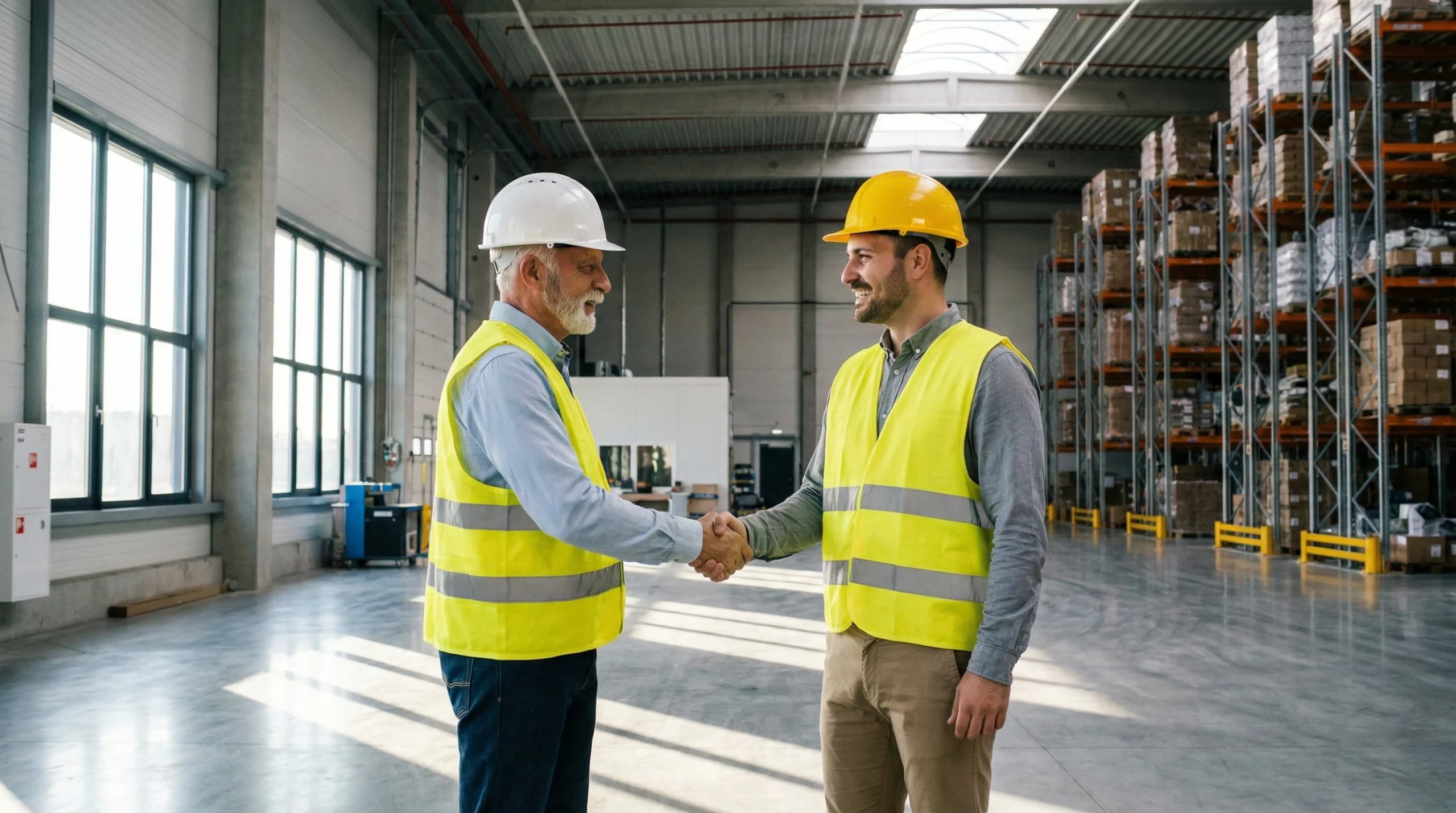 two men in hard hats shaking hands in a warehouse