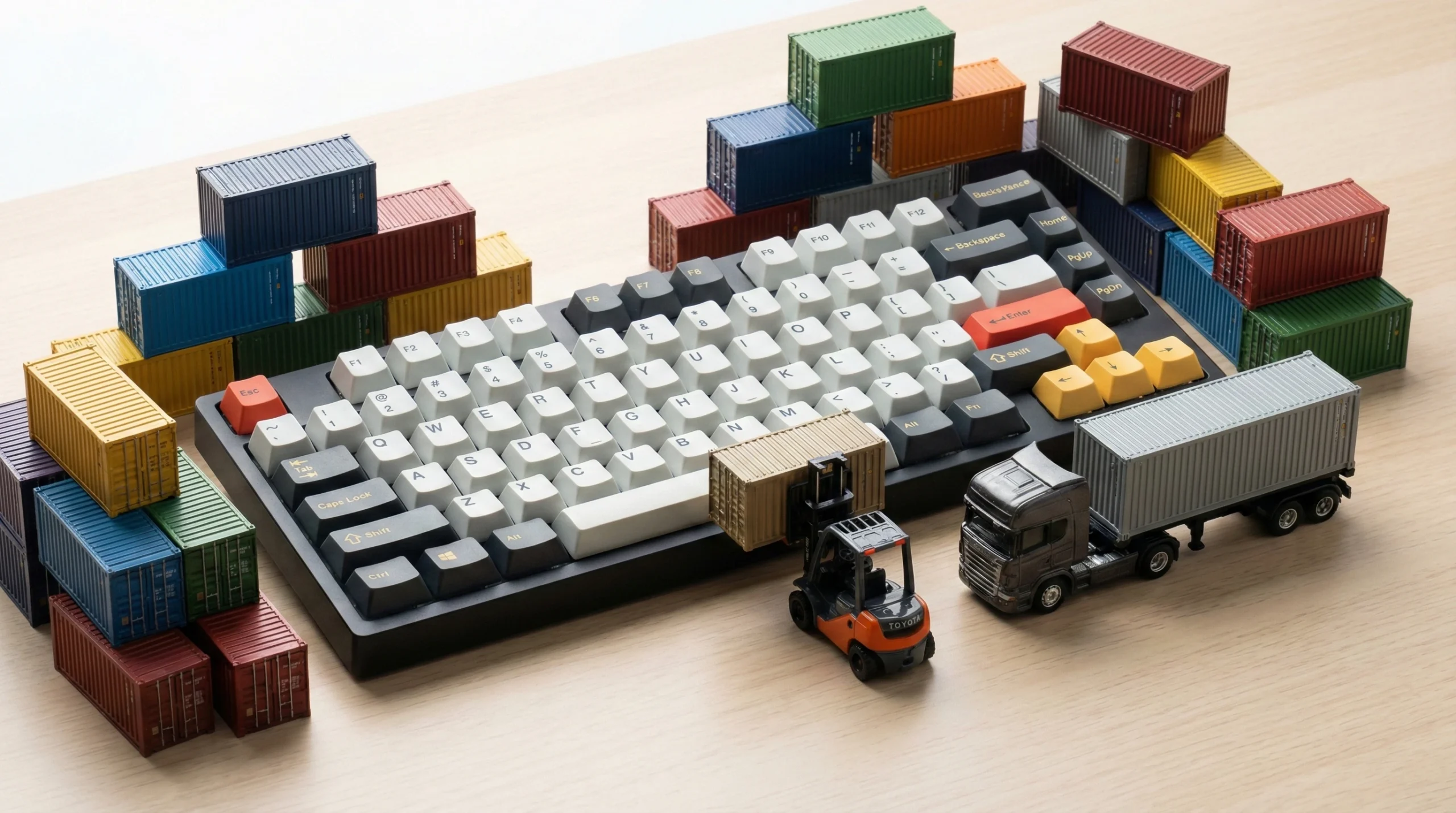 keyboard surrounded by mini shipping containers, forklift, and semi truck