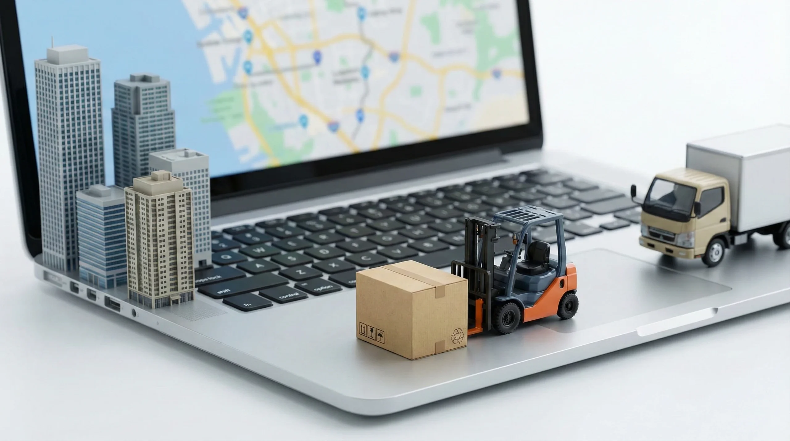 a miniature box and forklift truck on a laptop with some skyscrapers on one side and a delivery truck on the other
