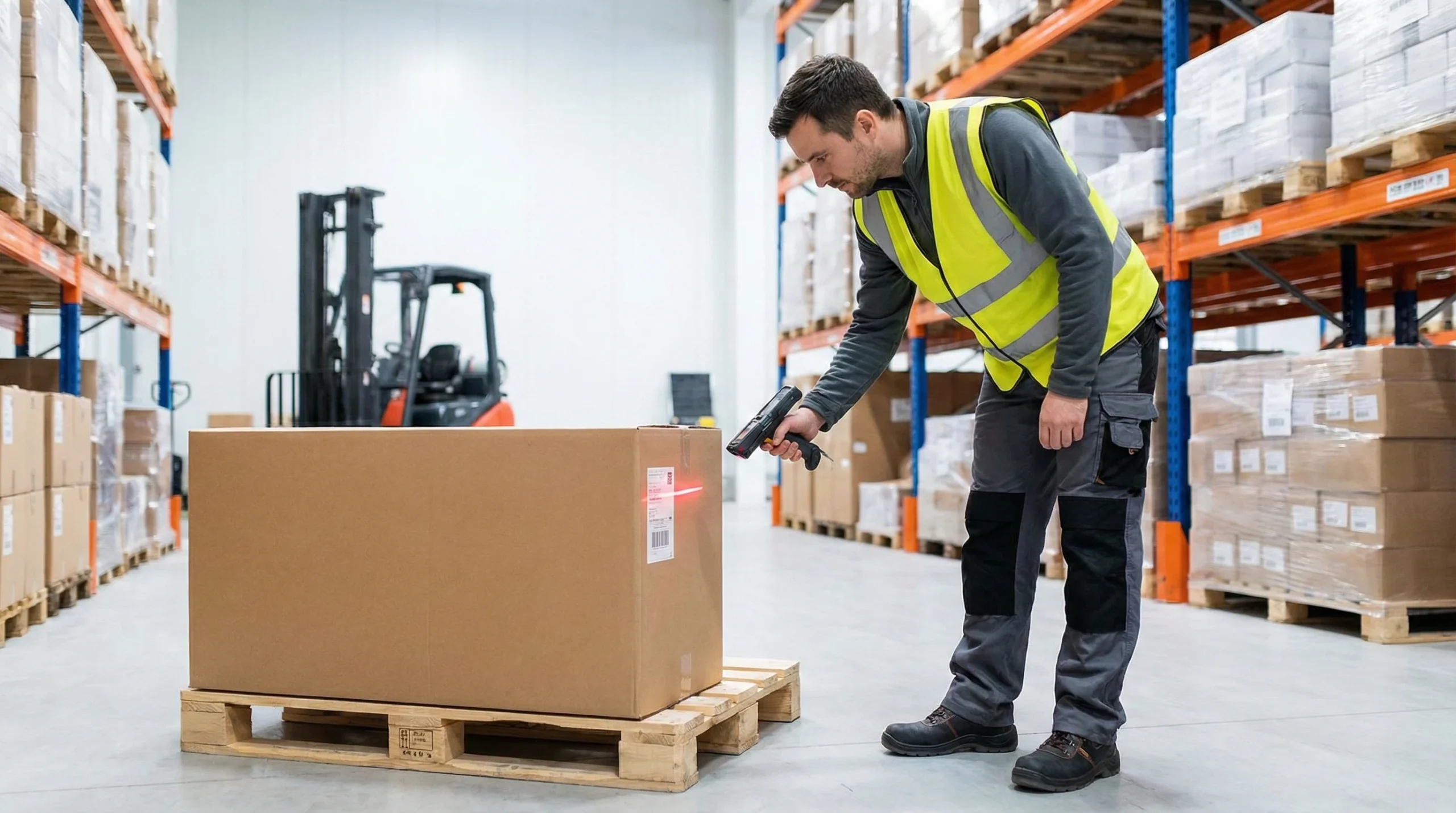 man scanning a barcode on a box in a warehouse